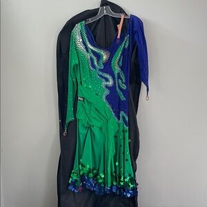 Elegant Green and Blue Women's Ballroom Rhythm Competition  Dress